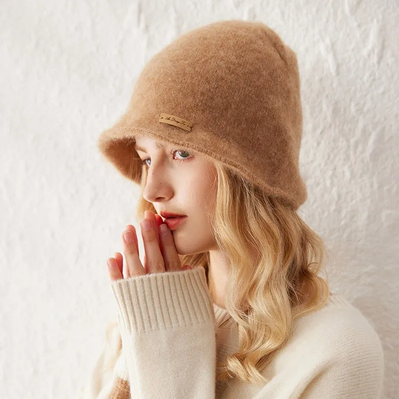 Womens Pure Cashmere Bucket Hat Soft Brimmed Cashmere Cloche Hat
