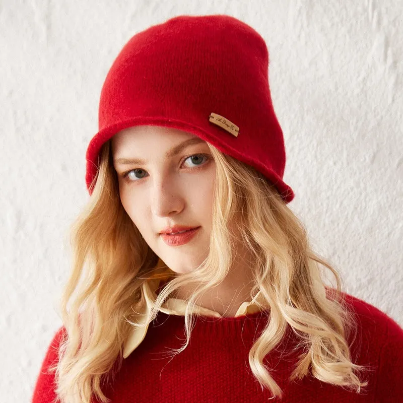 Womens Pure Cashmere Bucket Hat Soft Brimmed Cashmere Cloche Hat
