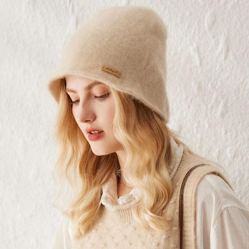 Womens Pure Cashmere Bucket Hat Soft Brimmed Cashmere Cloche Hat
