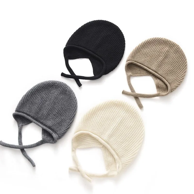 Womens Soft Pure Cashmere Ribbed Hooded Beanie Hat With Ties