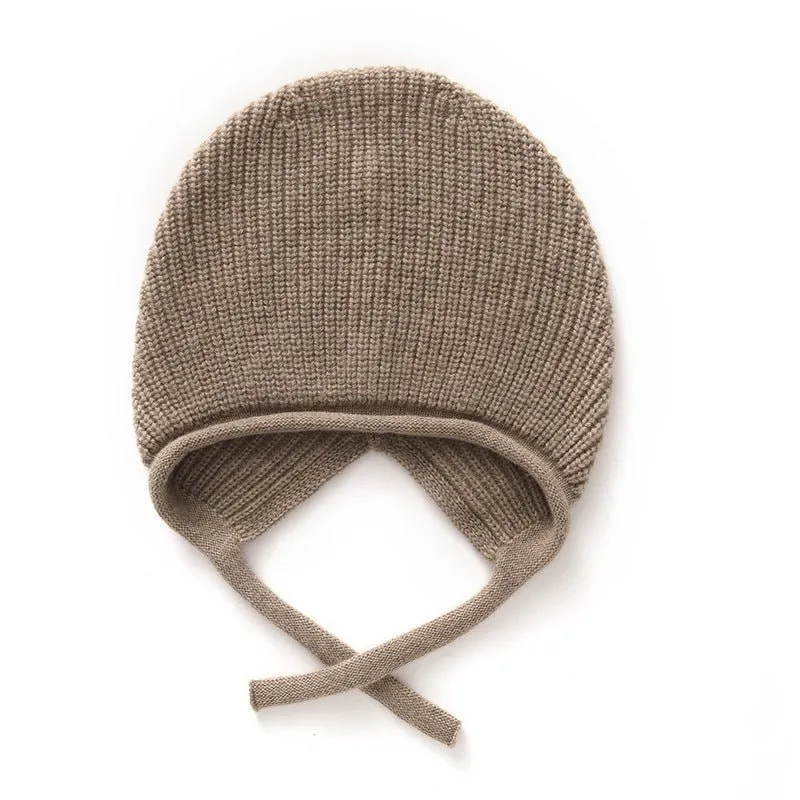 Womens Soft Pure Cashmere Ribbed Hooded Beanie Hat With Ties