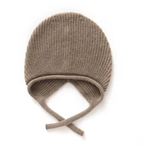 Womens Soft Pure Cashmere Ribbed Hooded Beanie Hat With Ties