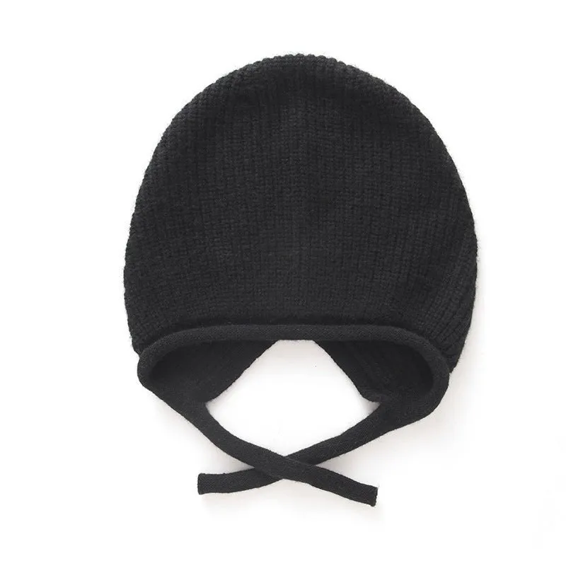 Womens Soft Pure Cashmere Ribbed Hooded Beanie Hat With Ties